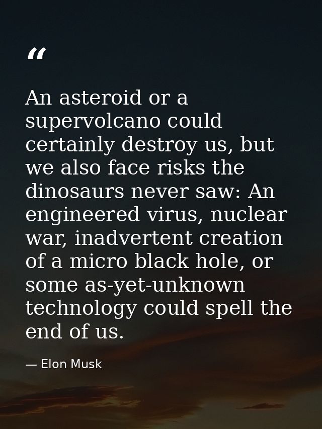 An asteroid or a supervolcano could certainly destroy us, but we also face risks the dinosaurs never saw: An engineered  — Elon Musk