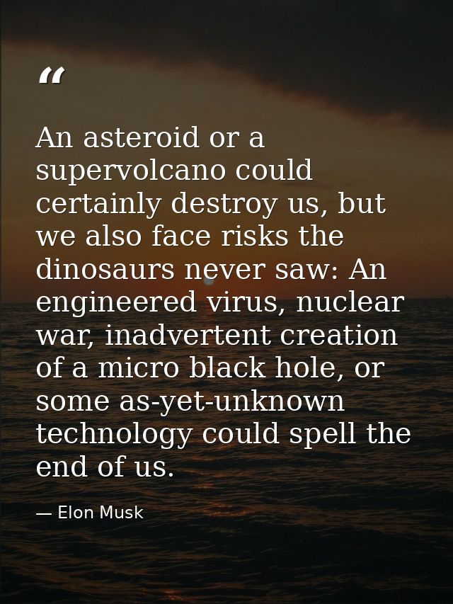 An asteroid or a supervolcano could certainly destroy us, but we also face risks the dinosaurs never saw: An engineered  — Elon Musk