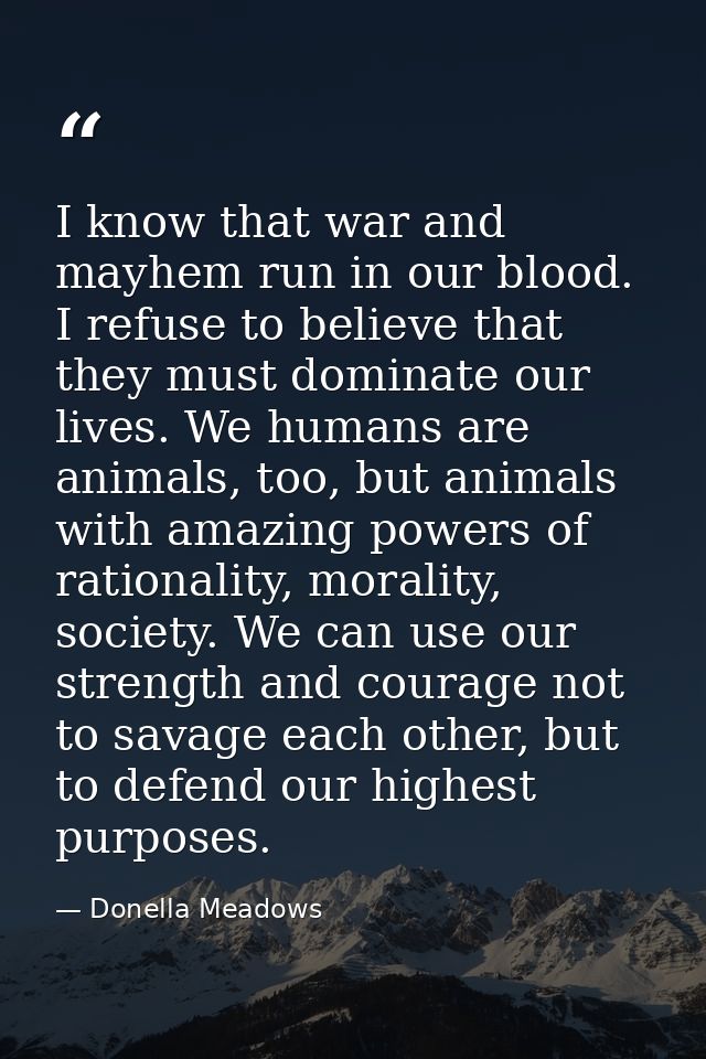 I know that war and mayhem run in our blood. I refuse to believe that they must dominate our lives. We humans are animal — Donella Meadows