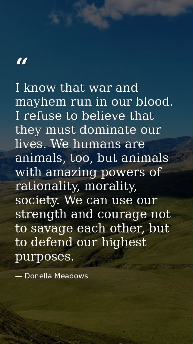 I know that war and mayhem run in our blood. I refuse to believe that they must dominate our lives. We humans are animal — Donella Meadows