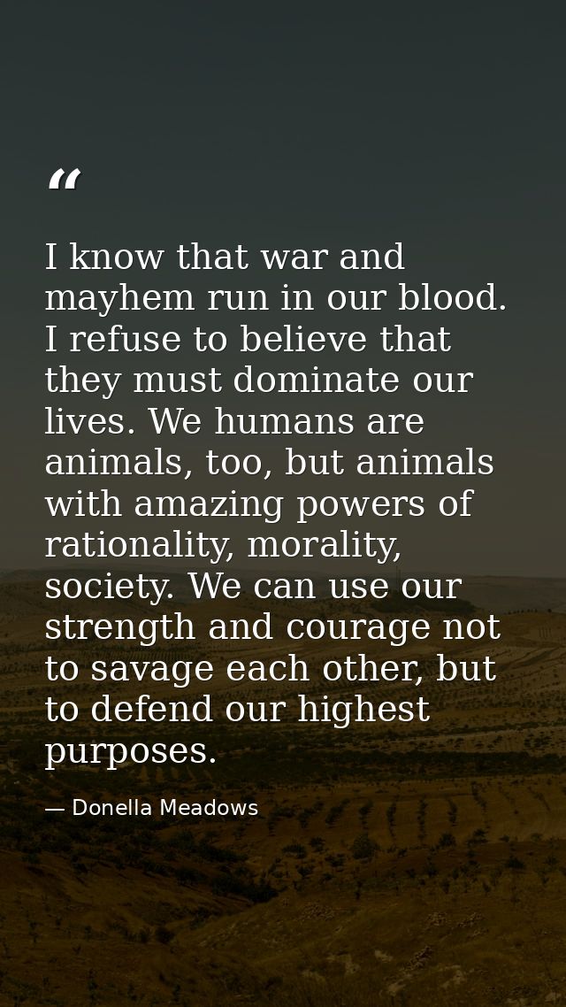 I know that war and mayhem run in our blood. I refuse to believe that they must dominate our lives. We humans are animal — Donella Meadows