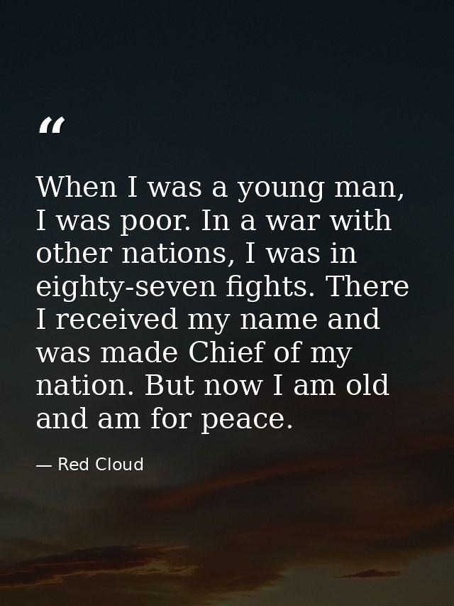 When I was a young man, I was poor. In a war with other nations, I was in eighty-seven fights. There I received my name  — Red Cloud