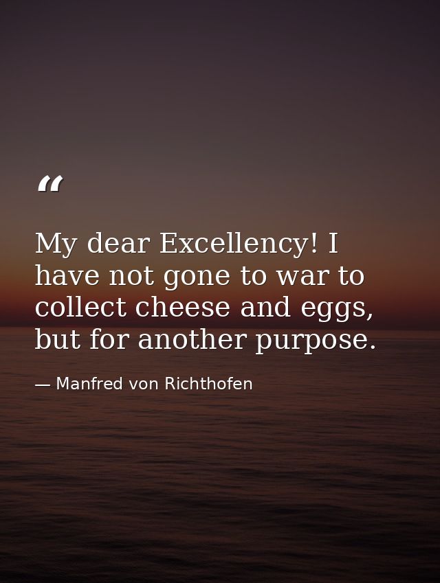 My dear Excellency! I have not gone to war to collect cheese and eggs, but for another purpose. — Manfred von Richthofen