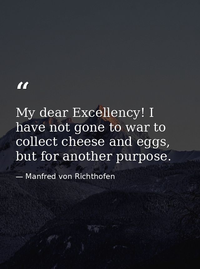My dear Excellency! I have not gone to war to collect cheese and eggs, but for another purpose. — Manfred von Richthofen