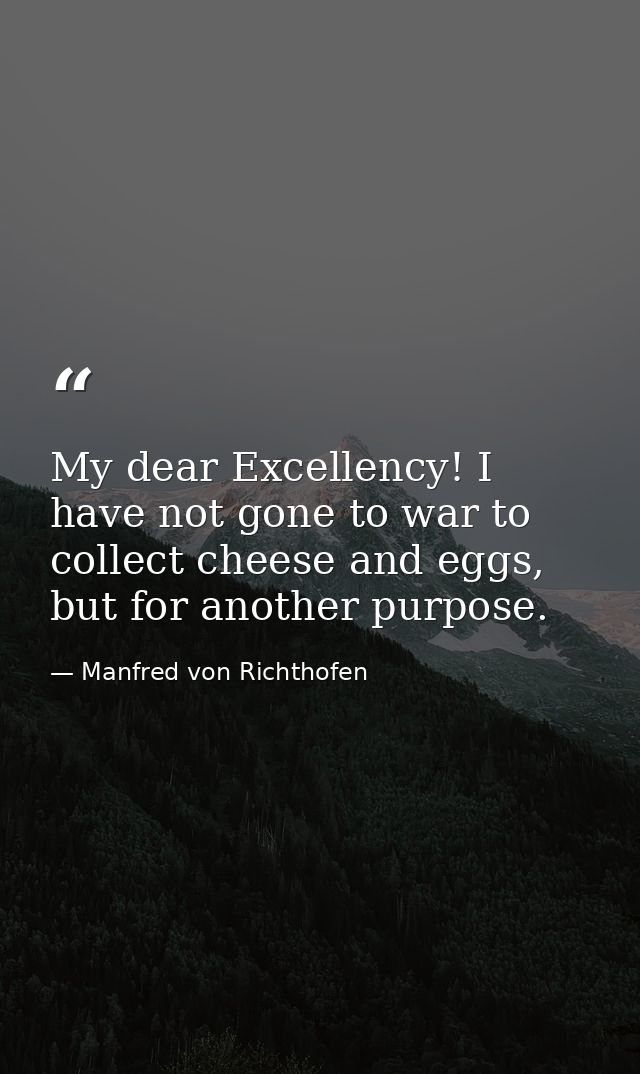 My dear Excellency! I have not gone to war to collect cheese and eggs, but for another purpose. — Manfred von Richthofen
