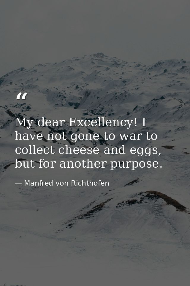 My dear Excellency! I have not gone to war to collect cheese and eggs, but for another purpose. — Manfred von Richthofen