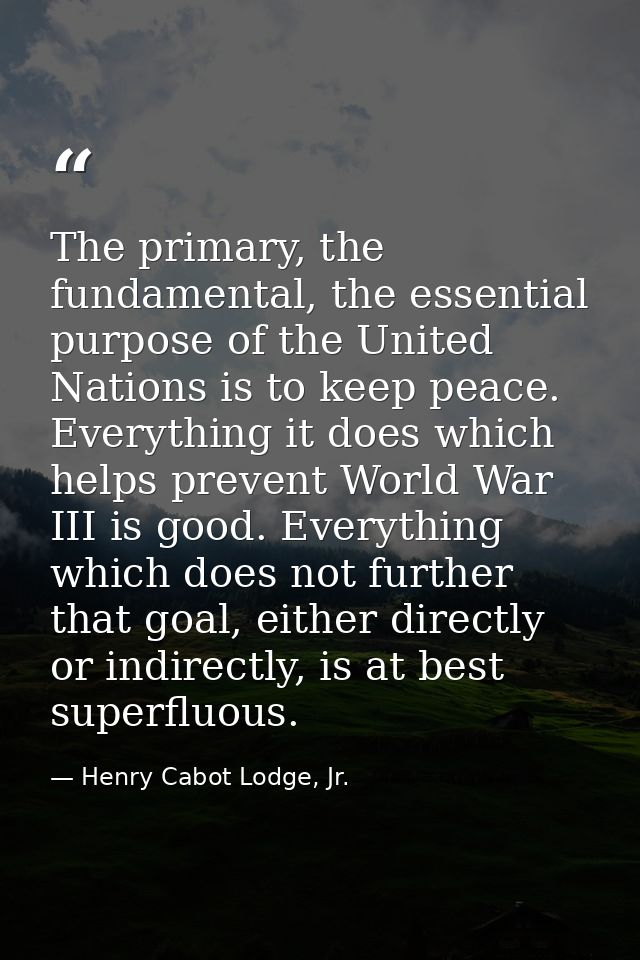 The primary, the fundamental, the essential purpose of the United Nations is to keep peace. Everything it does which hel — Henry Cabot Lodge, Jr.