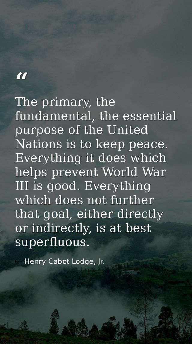The primary, the fundamental, the essential purpose of the United Nations is to keep peace. Everything it does which hel — Henry Cabot Lodge, Jr.