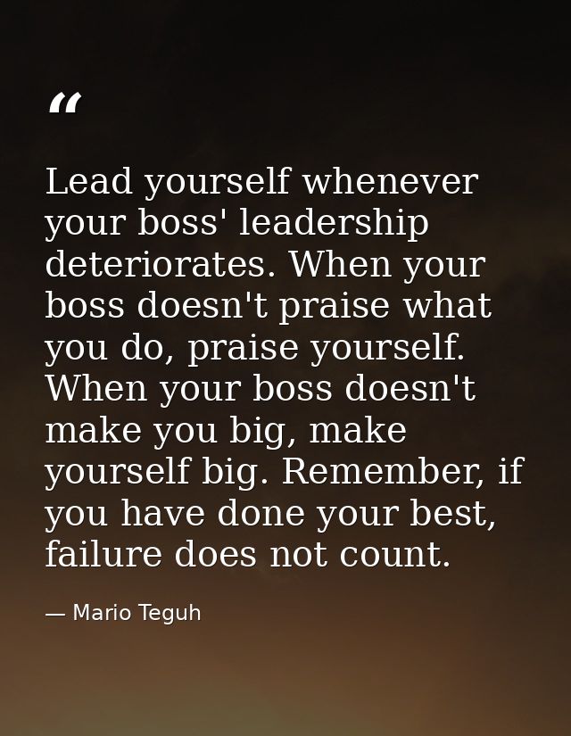 Lead yourself whenever your boss' leadership deteriorates. When your boss doesn't praise what you do, praise yourself. W — Mario Teguh