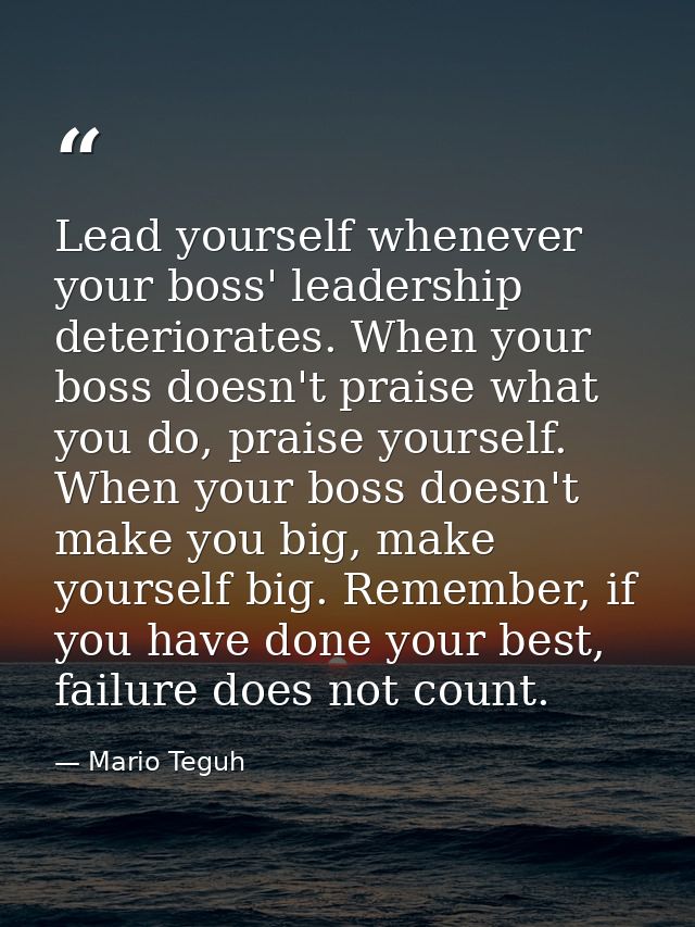 Lead yourself whenever your boss' leadership deteriorates. When your boss doesn't praise what you do, praise yourself. W — Mario Teguh