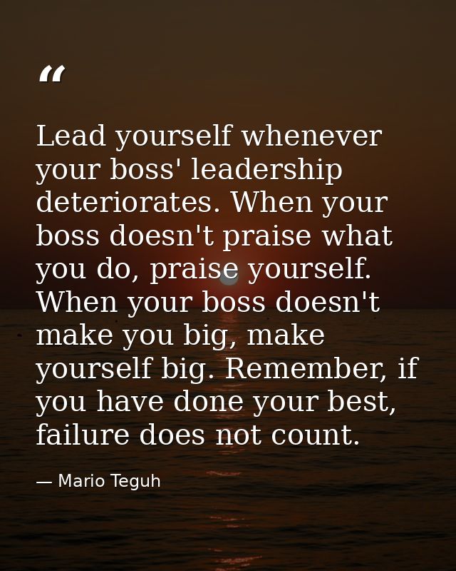 Lead yourself whenever your boss' leadership deteriorates. When your boss doesn't praise what you do, praise yourself. W — Mario Teguh