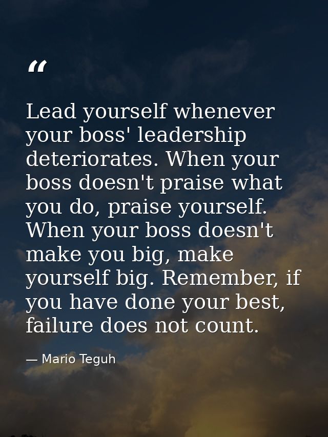 Lead yourself whenever your boss' leadership deteriorates. When your boss doesn't praise what you do, praise yourself. W — Mario Teguh