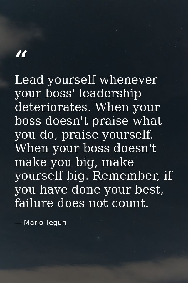 Lead yourself whenever your boss' leadership deteriorates. When your boss doesn't praise what you do, praise yourself. W — Mario Teguh