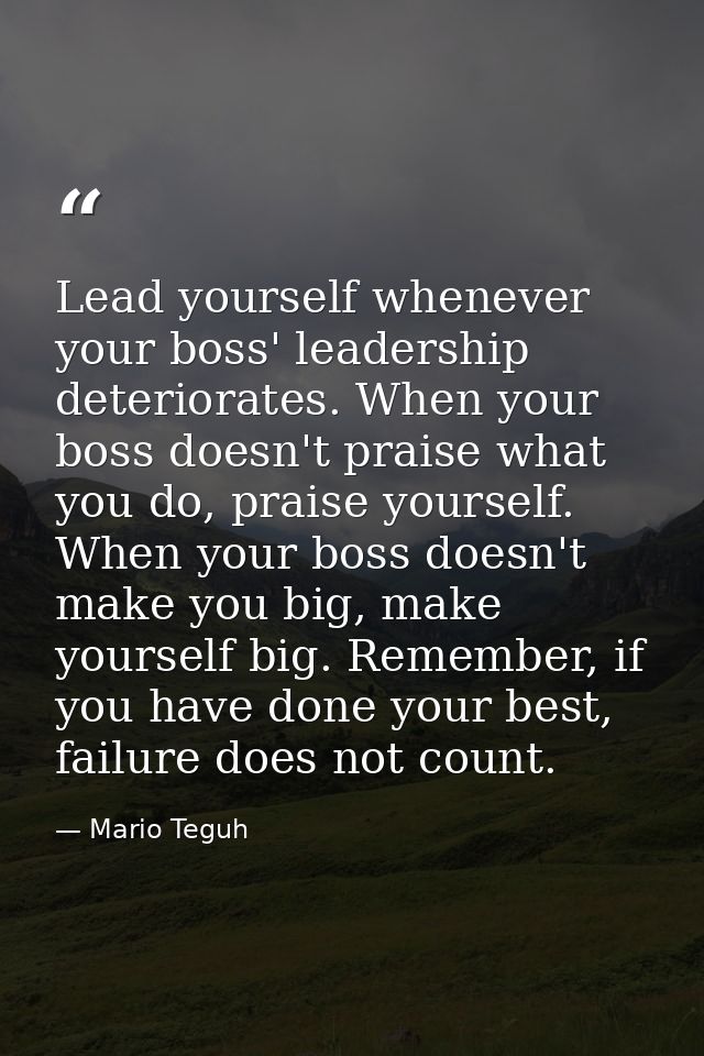 Lead yourself whenever your boss' leadership deteriorates. When your boss doesn't praise what you do, praise yourself. W — Mario Teguh