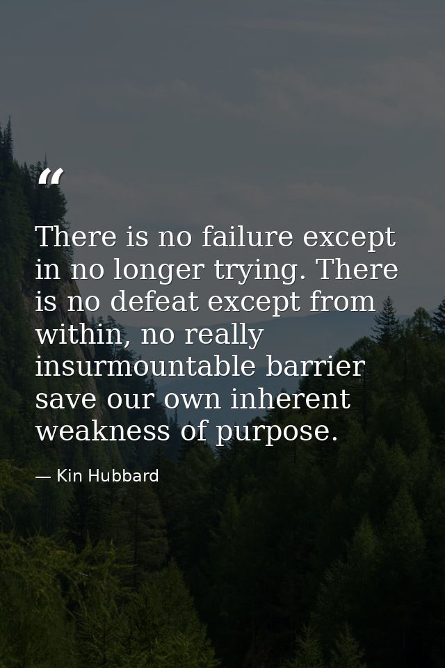 There is no failure except in no longer trying. There is no defeat except from within, no really insurmountable barrier  — Kin Hubbard