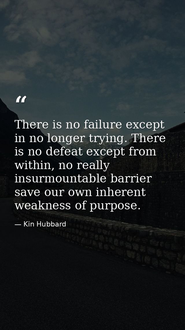 There is no failure except in no longer trying. There is no defeat except from within, no really insurmountable barrier  — Kin Hubbard