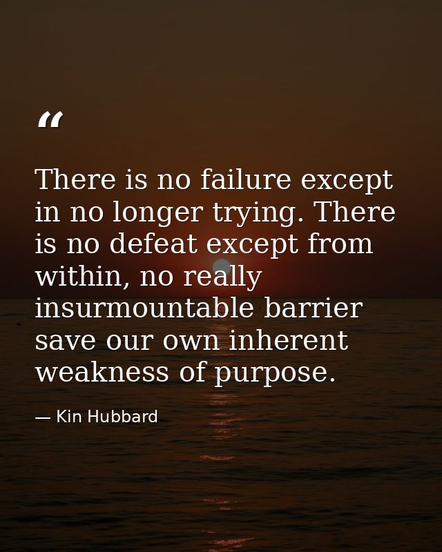 There is no failure except in no longer trying. There is no defeat except from within, no really insurmountable barrier  — Kin Hubbard