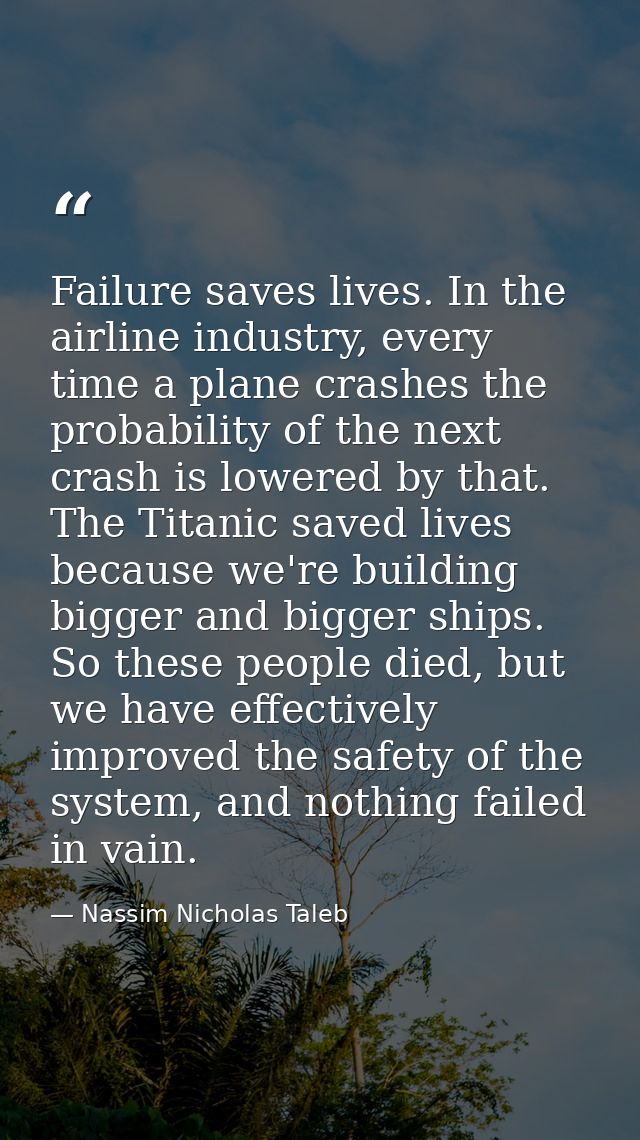 Failure saves lives. In the airline industry, every time a plane crashes the probability of the next crash is lowered by — Nassim Nicholas Taleb