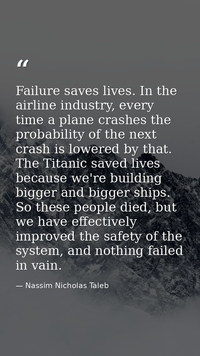 Failure saves lives. In the airline industry, every time a plane crashes the probability of the next crash is lowered by — Nassim Nicholas Taleb