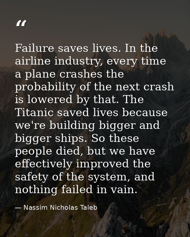 Failure saves lives. In the airline industry, every time a plane crashes the probability of the next crash is lowered by — Nassim Nicholas Taleb