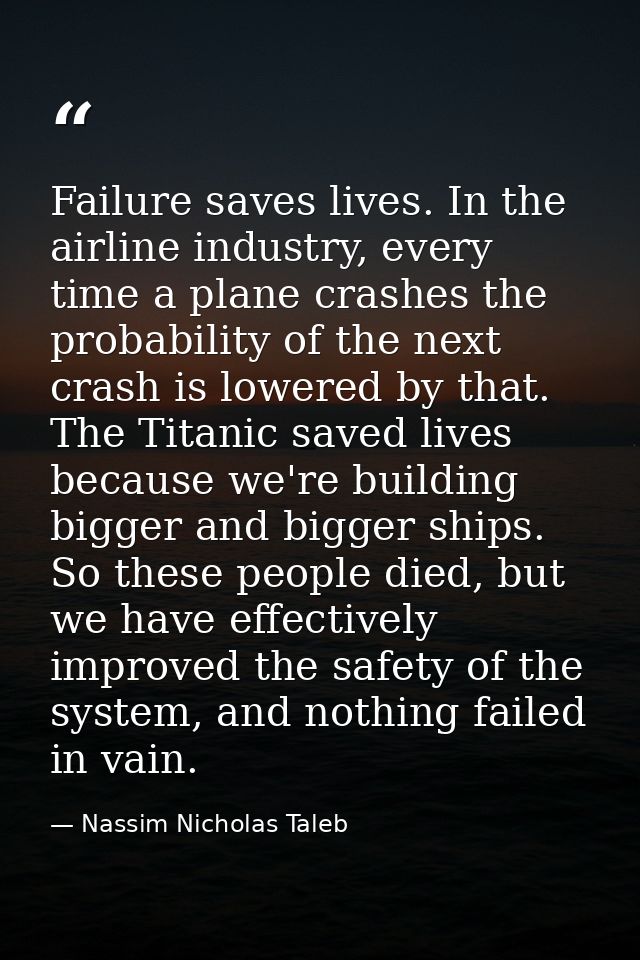 Failure saves lives. In the airline industry, every time a plane crashes the probability of the next crash is lowered by — Nassim Nicholas Taleb