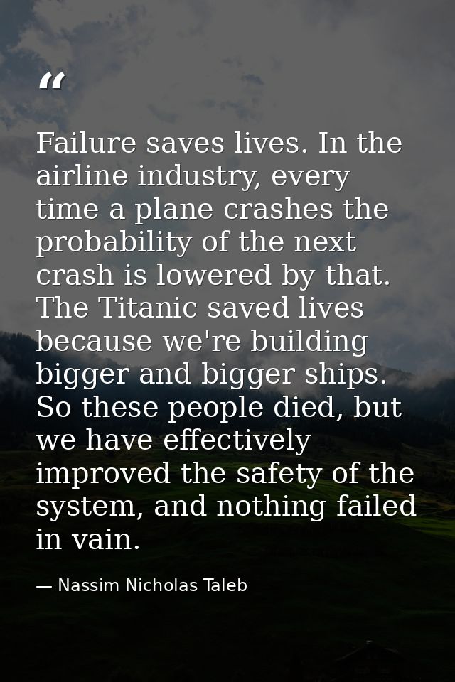 Failure saves lives. In the airline industry, every time a plane crashes the probability of the next crash is lowered by — Nassim Nicholas Taleb