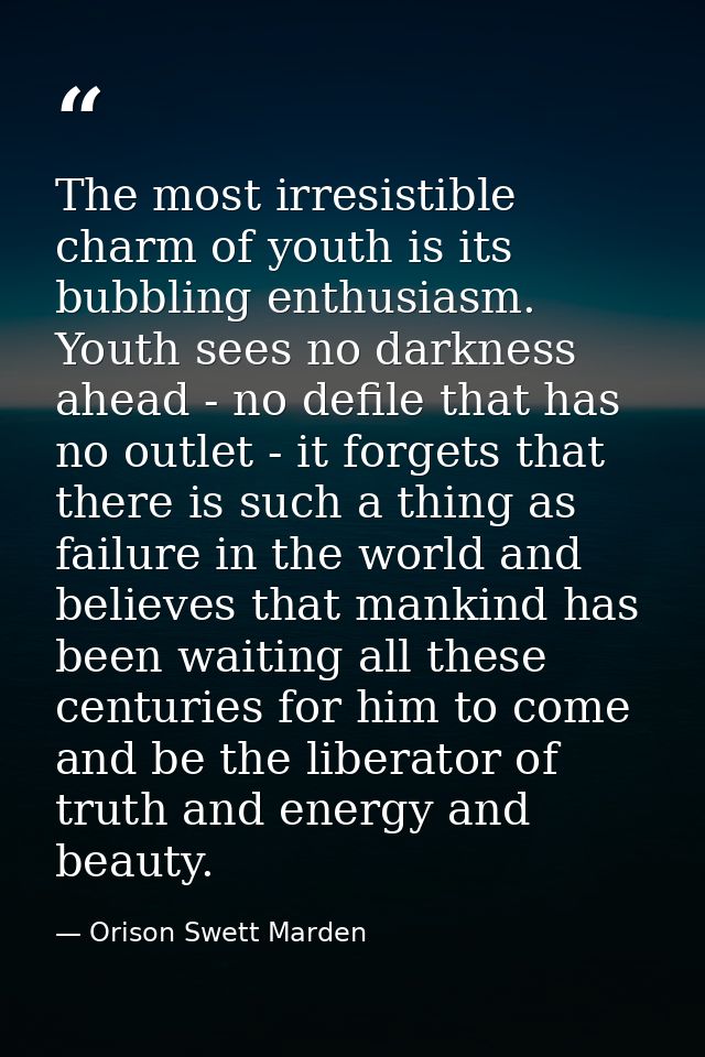 The most irresistible charm of youth is its bubbling enthusiasm. Youth sees no darkness ahead - no defile that has no ou — Orison Swett Marden