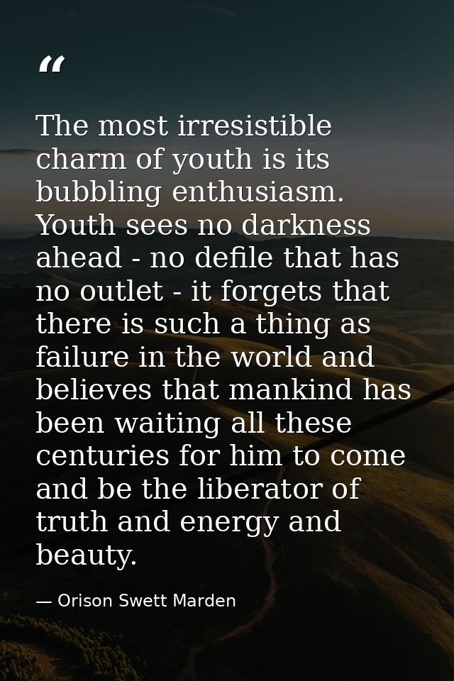 The most irresistible charm of youth is its bubbling enthusiasm. Youth sees no darkness ahead - no defile that has no ou — Orison Swett Marden