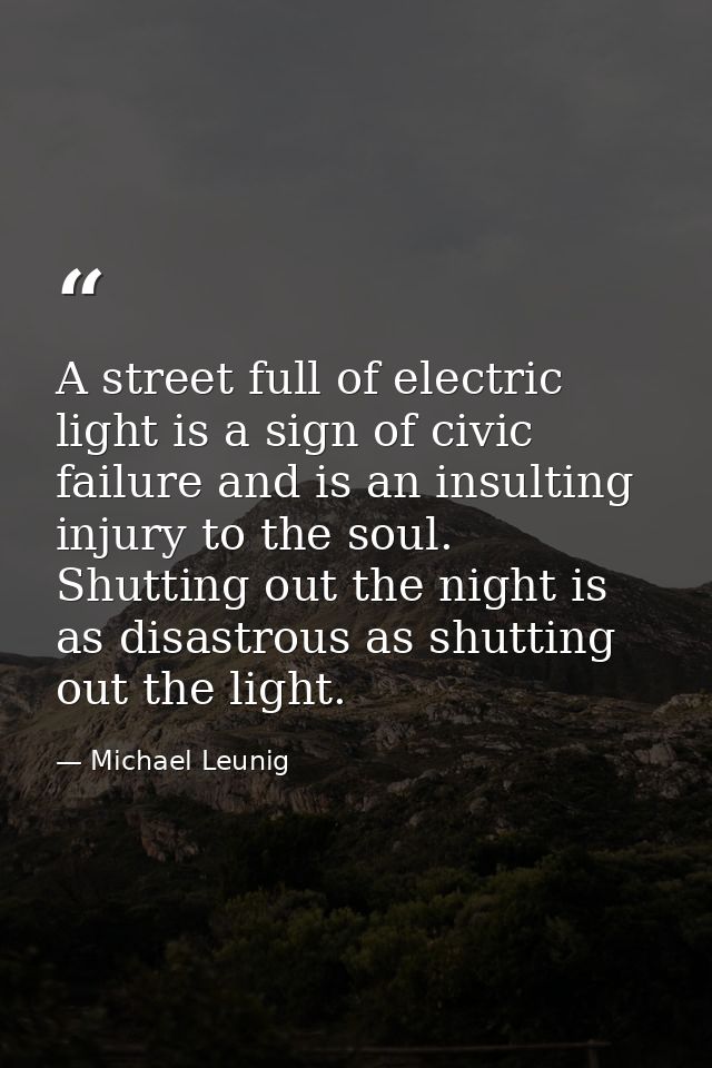 A street full of electric light is a sign of civic failure and is an insulting injury to the soul. Shutting out the nigh — Michael Leunig
