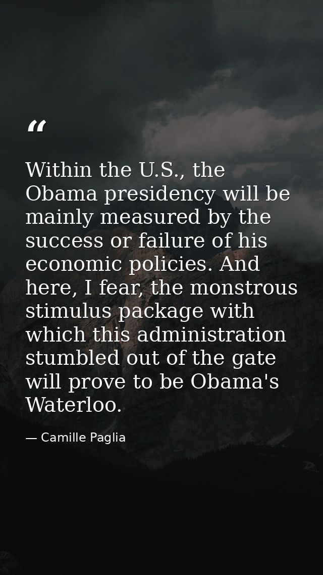 Within the U.S., the Obama presidency will be mainly measured by the success or failure of his economic policies. And he — Camille Paglia