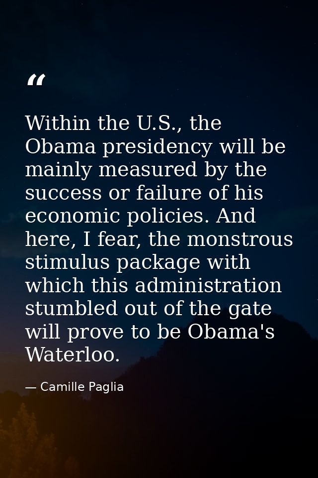 Within the U.S., the Obama presidency will be mainly measured by the success or failure of his economic policies. And he — Camille Paglia