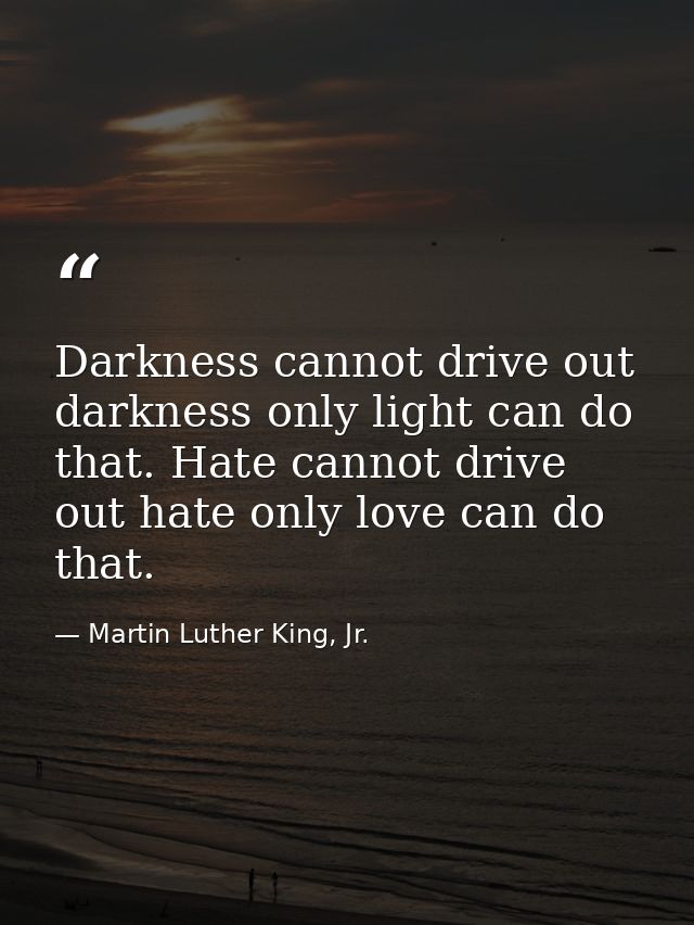 Darkness cannot drive out darkness only light can do that. Hate cannot drive out hate only love can do that. — Martin Luther King, Jr.