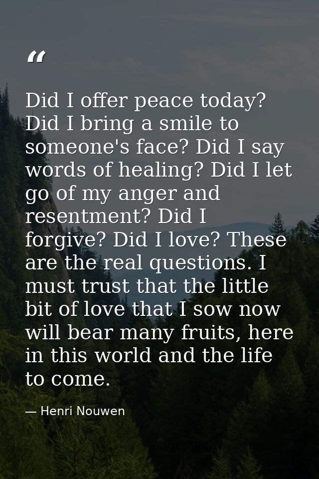 Did I offer peace today? Did I bring a smile to someone's face? Did I say words of healing? Did I let go of my anger and — Henri Nouwen