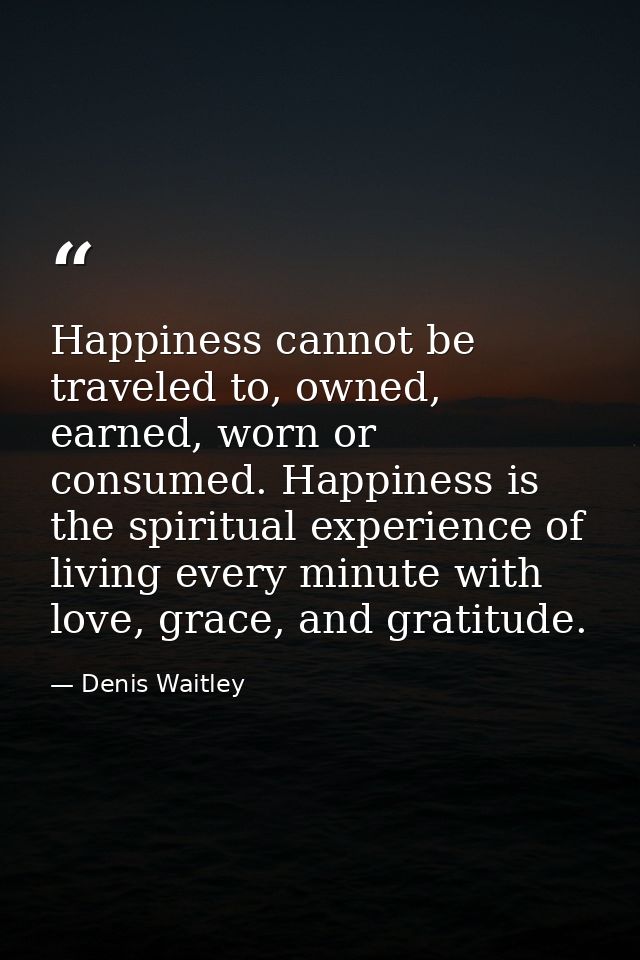 Happiness cannot be traveled to, owned, earned, worn or consumed. Happiness is the spiritual experience of living every  — Denis Waitley