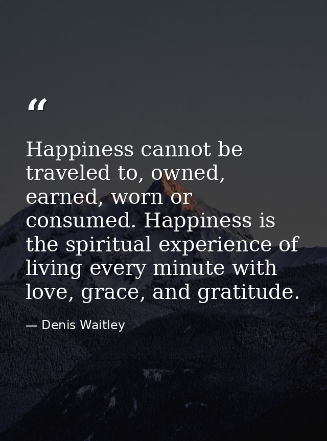 Happiness cannot be traveled to, owned, earned, worn or consumed. Happiness is the spiritual experience of living every  — Denis Waitley