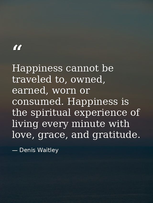 Happiness cannot be traveled to, owned, earned, worn or consumed. Happiness is the spiritual experience of living every  — Denis Waitley