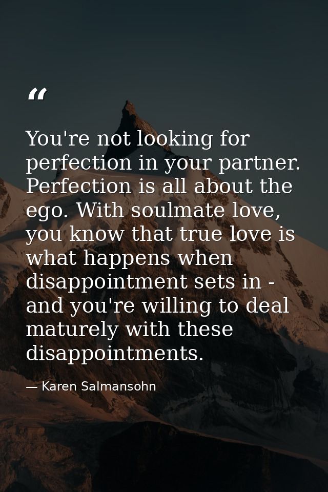 You're not looking for perfection in your partner. Perfection is all about the ego. With soulmate love, you know that tr — Karen Salmansohn