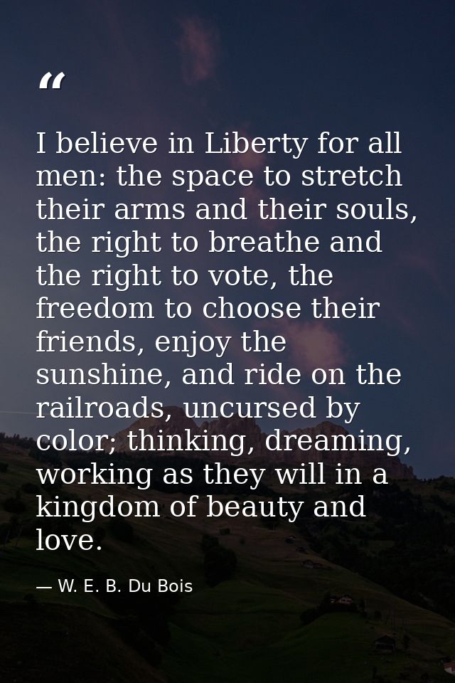 I believe in Liberty for all men: the space to stretch their arms and their souls, the right to breathe and the right to — W. E. B. Du Bois