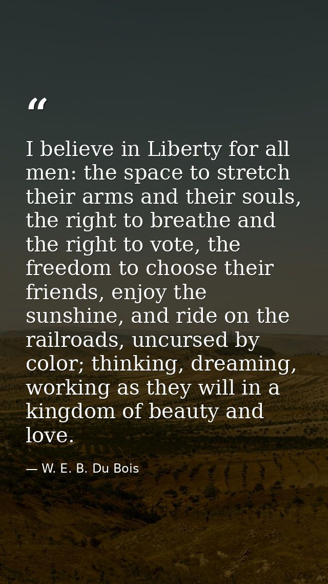 I believe in Liberty for all men: the space to stretch their arms and their souls, the right to breathe and the right to — W. E. B. Du Bois