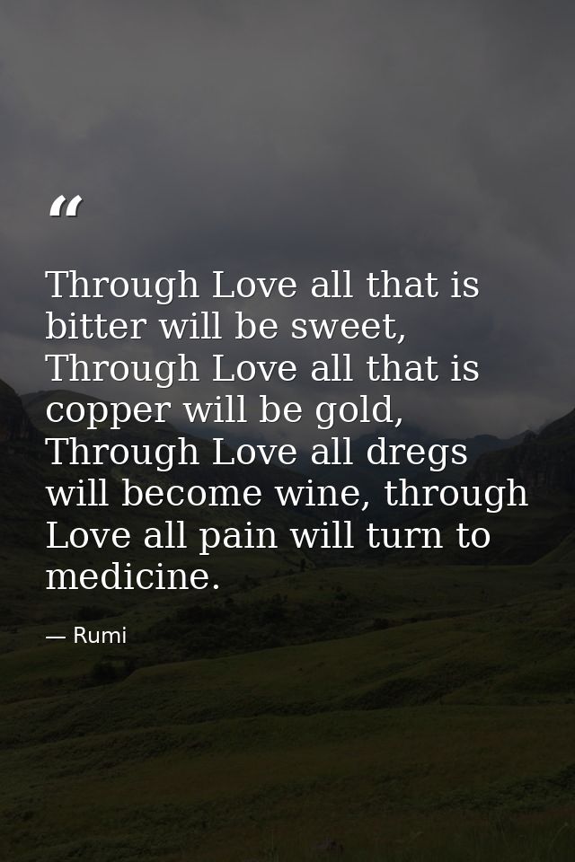 Through Love all that is bitter will be sweet, Through Love all that is copper will be gold, Through Love all dregs will — Rumi
