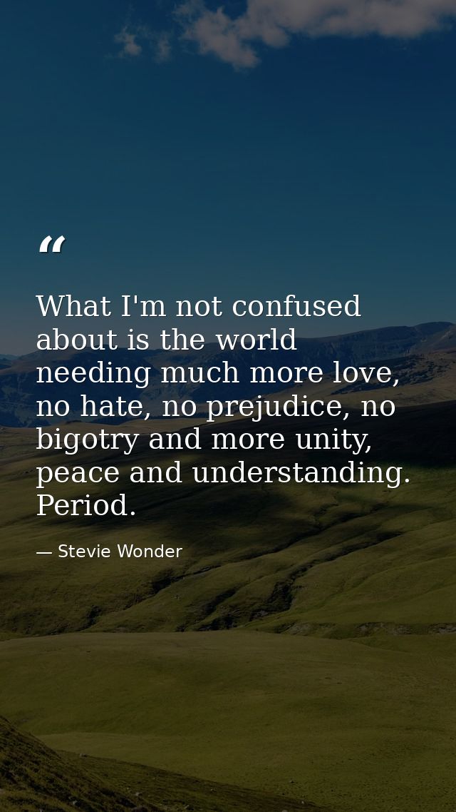 What I'm not confused about is the world needing much more love, no hate, no prejudice, no bigotry and more unity, peace — Stevie Wonder