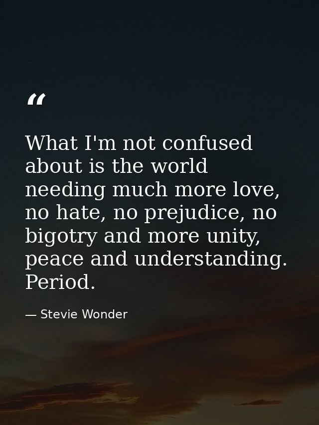 What I'm not confused about is the world needing much more love, no hate, no prejudice, no bigotry and more unity, peace — Stevie Wonder