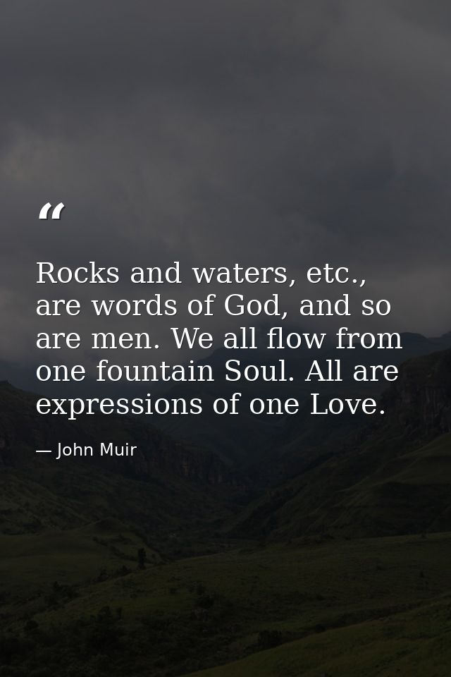 Rocks and waters, etc., are words of God, and so are men. We all flow from one fountain Soul. All are expressions of one — John Muir