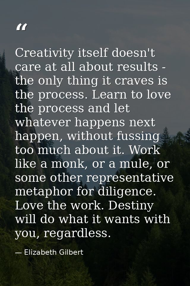 Creativity itself doesn't care at all about results - the only thing it craves is the process. Learn to love the process — Elizabeth Gilbert