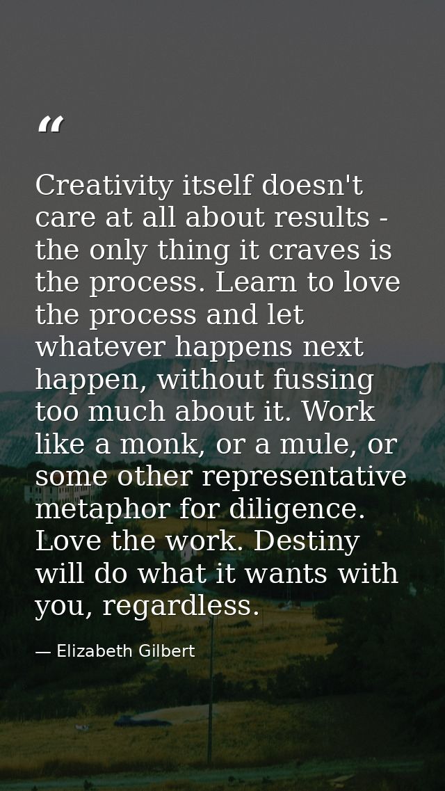Creativity itself doesn't care at all about results - the only thing it craves is the process. Learn to love the process — Elizabeth Gilbert
