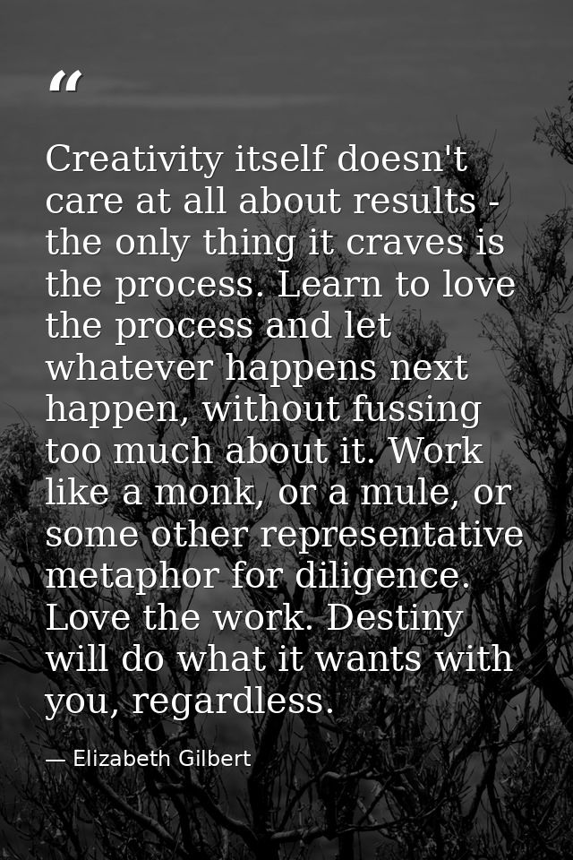 Creativity itself doesn't care at all about results - the only thing it craves is the process. Learn to love the process — Elizabeth Gilbert