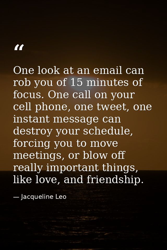 One look at an email can rob you of 15 minutes of focus. One call on your cell phone, one tweet, one instant message can — Jacqueline Leo