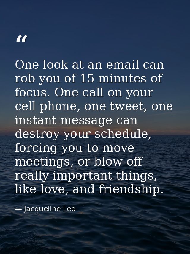 One look at an email can rob you of 15 minutes of focus. One call on your cell phone, one tweet, one instant message can — Jacqueline Leo