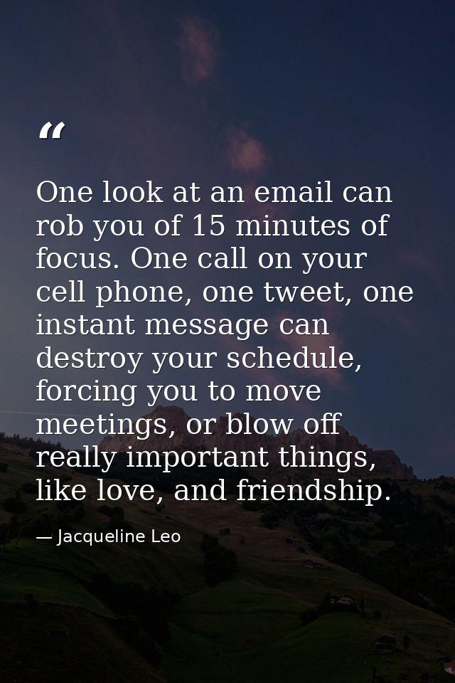 One look at an email can rob you of 15 minutes of focus. One call on your cell phone, one tweet, one instant message can — Jacqueline Leo