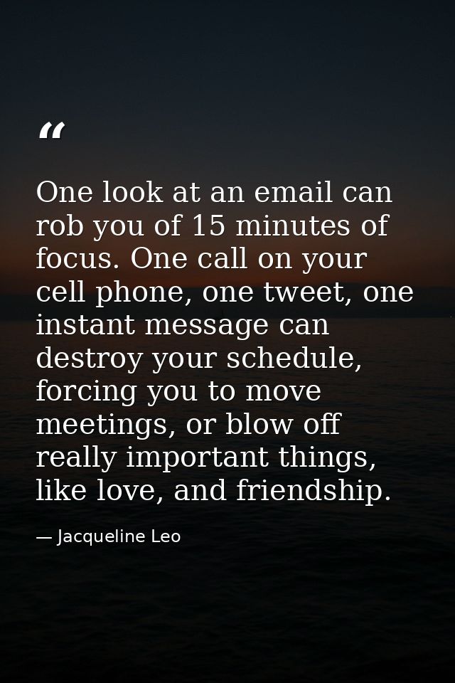 One look at an email can rob you of 15 minutes of focus. One call on your cell phone, one tweet, one instant message can — Jacqueline Leo